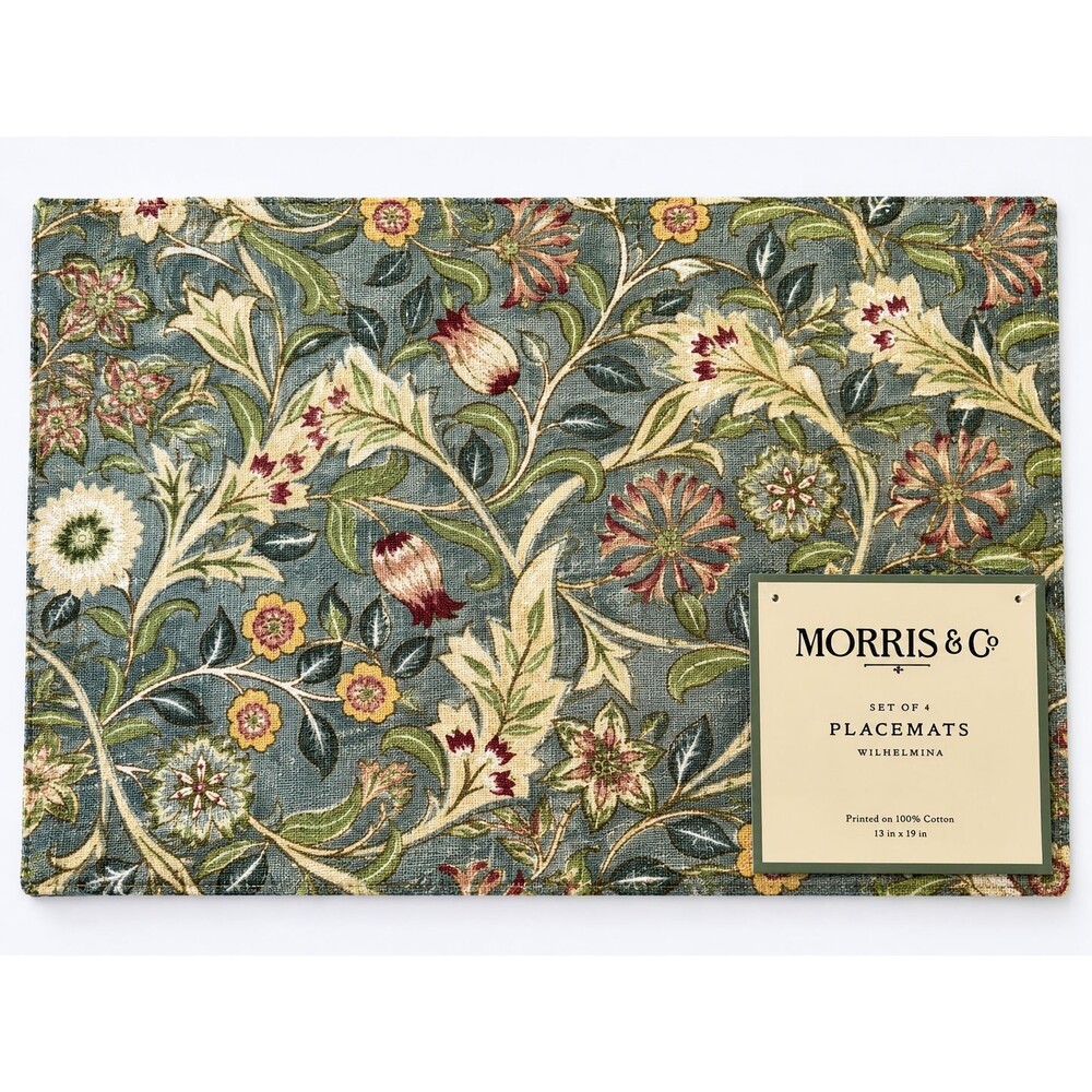 William Morris & Co Wilhelmina Placemats Set of 4 Blue Green Floral Garden 13x19